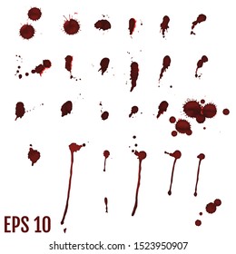 Blood blot, red drops, splatter painted art on white for halloween design. Red dripping blood drop watercolor. Vector illustration set