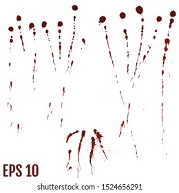 Blood blot, red drops, splatter painted art on white for halloween design. Red dripping blood drop watercolor. Vector illustration set