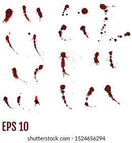 Blood blot, red drops, splatter painted art on white for halloween design. Red dripping blood drop watercolor. Vector illustration set