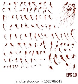Blood blot, red drops, splatter painted art on white for halloween design. Red dripping blood drop watercolor. Vector illustration set