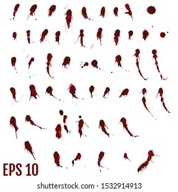 Blood blot, red drops, splatter painted art on white for halloween design. Red dripping blood drop watercolor. Vector illustration set