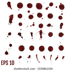 Blood blot, red drops, splatter painted art on white for halloween design. Red dripping blood drop watercolor. Vector illustration set