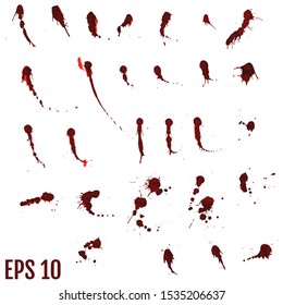 Blood blot, red drops, splatter painted art on white for halloween design. Red dripping blood drop watercolor. Vector illustration set
