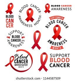 Blood Cancer Awareness Label Set. Vector Tamplates With Red Ribbon - Symbol Of Cancer Fight