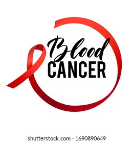 Blood Cancer Awareness Label. Vector Tamplate With Red Ribbon - Symbol Of Cancer Fight.