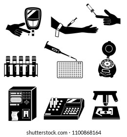 Blood cell count or biochemical blood test and medical equipment silhouettes. Black and white vector icons set isolated on white background