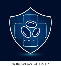 Blood cell icon inside shield with medical sign symbol cross futuristic. Medical health care innovation immunity protection. On dark blue background. Human lungs organ simple flat outline vector.