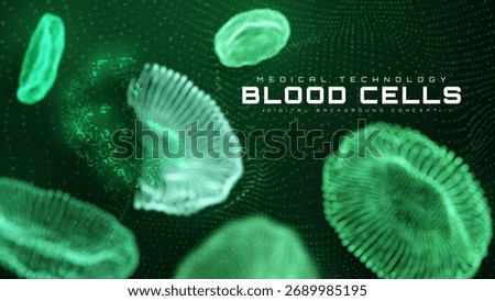 Blood cells glow with binary code element on dark green background. Abstract hematology wave medical technology scene, Vector illustration.