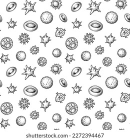 Blood cells seamless pattern. Hand drawn erythrocytes, leukocytes and platelet. Scientific biology illustration in sketch style