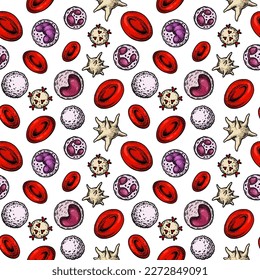 Blood cells seamless pattern. Hand drawn erythrocytes, leukocytes and platelet. Scientific biology illustration in sketch style