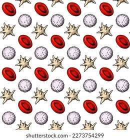 Blood cells seamless pattern. Hand drawn erythrocytes, leukocytes and platelet. Scientific biology illustration in sketch style