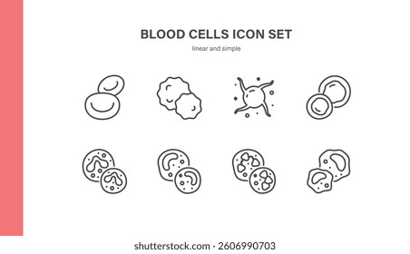 Blood Cells Vector Icons Set. Editable Linear Illustrations of Red, White, Platelet Cells, Lymphocytes, Monocytes, Granulocytes and Hematology Elements