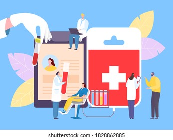 Concepto de donante de caridad de sangre, ilustración vectorial. Carácter voluntario en el hospital, donación médica y ayuda en la clínica de emergencia. Atención de salud plana y ayuda de caricaturas para médicos y pacientes.