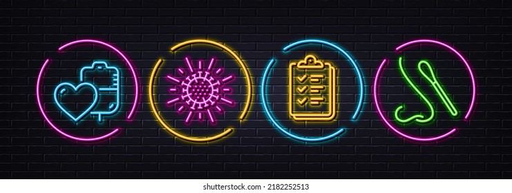 Blood, Checklist And Coronavirus Minimal Line Icons. Neon Laser 3d Lights. Nasal Test Icons. For Web, Application, Printing. Blood Donation, Questioning Clipboard, Infection. Covid Testing. Vector