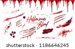 Blood collection, Happy Halloween decoration, Vector bloody horror drop, drip, splatter, creepy splash, spot, ... Realistic blood on transparent background, isolated.
