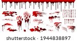 Blood collection, Happy Halloween decoration, Vector bloody horror drop, drip, splatter, creepy splash, spot. Realistic blood on transparent background, isolated.