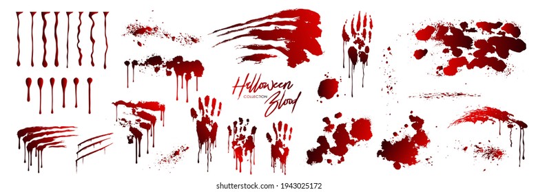 Blood collection, Happy Halloween decoration, Vector bloody horror drop, drip, splatter, creepy splash, spot. Realistic blood on transparent background, isolated.