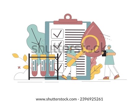Blood concept. The doctors' people are studying and examining the blood. Identification of diseases. Blood analysis. Donation. Vector flat illustration