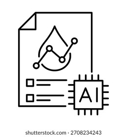 Recolección de datos de sangre con AI Icon: monitoreo avanzado de sangre y procesamiento de datos con documentos, gotas de sangre y chip de IA para obtener información precisa sobre la salud. Icono de Vector