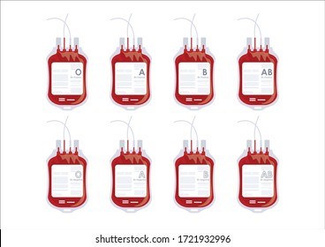 Blood divided by groups O, A, AB, B and RH factors into positive and negative. In medical plastic bags with tubes and labels with information. Vector illustration.