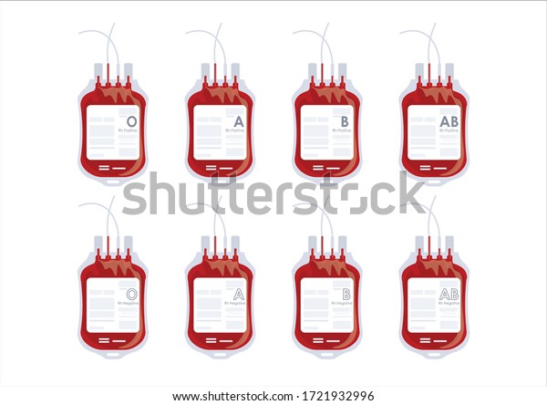 Blood divided by groups\
O, A, AB, B and RH factors into positive and negative. In medical\
plastic bags with tubes and labels with information. Vector\
illustration.