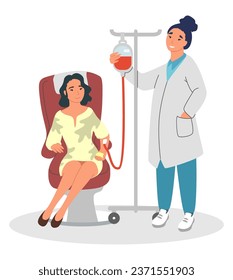 La sangre dona el vector del día del donante con una mujer donando en una silla del hospital conectada a un goteador de transfusiones. Comprobación de enfermeras y control de la ilustración del proceso