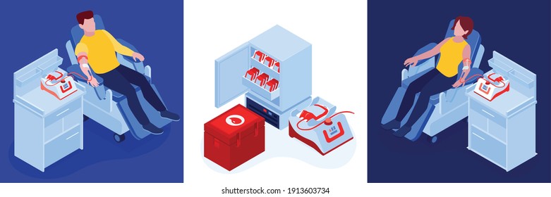 Blood Donating Procedure Concept 3 Isometric Compositions Donors Man Woman Kits Storage Refrigerator Transport Box Vector Illustration 