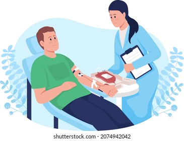 Blood Donation 2D Vector Isolated Illustration. Man In Chair On Blood Transfusion. Donor With Smiling Nurse Flat Characters On Cartoon Background. Charity Work And Volunteering Colourful Scene