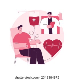 Ilustración vectorial de concepto abstracto de donación de sangre. Proceso de donación de plasma, banco de sangre, donante universal, centro de transfusión hemolítica, donar por dinero, reglas y preparación metáfora abstracta.