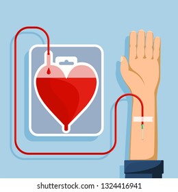 Blood donation. Bag in shape of a red human heart. Vector flat illustration.