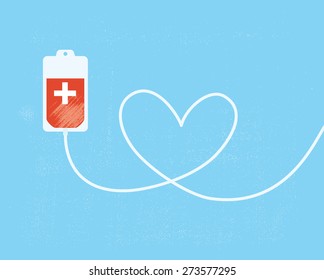 A Blood Donation Bag With Tube Shaped As A Heart. EPS10 Vector Format