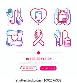 Blood Donation, Charity, Mutual Aid Thin Line Icons Set. Symbols Of Blood Transfusion, Medical Help And Volunteers. Modern Vector Illustration For World Donor's Day.