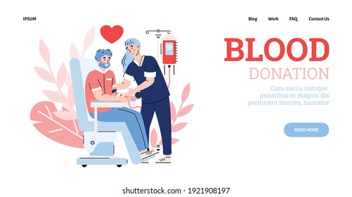 Blood donation clinic web page interface with characters of volunteer and nurse, flat cartoon vector illustration. Blood donation charity campaign web banner.