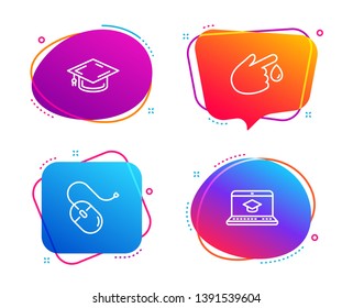 Blood donation, Computer mouse and Graduation cap icons simple set. Website education sign. Injury, Pc device, University. Video learning. Science set. Speech bubble blood donation icon. Vector
