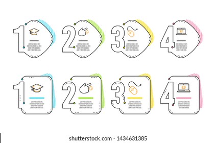 Blood donation, Computer mouse and Graduation cap icons simple set. Website education sign. Injury, Pc device, University. Video learning. Science set. Infographic timeline. Line blood donation icon