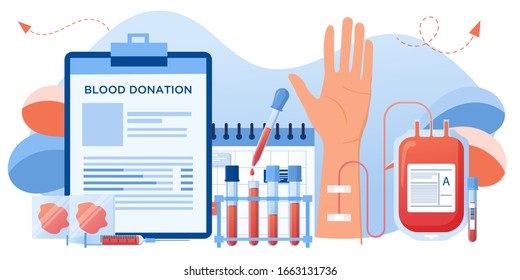 Concepto de donación de sangre. Bolsa con sangre y donante masculino. Ilustración vectorial para banner, afiche, volante. Antecedentes médicos. Los humanos donan sangre. Día del donante, salva la vida. Equipo médico de laboratorio