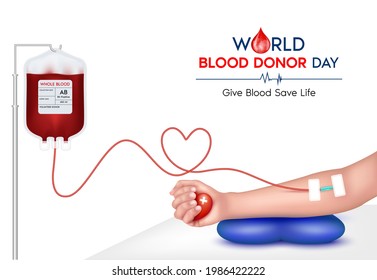Blood donation concept with blood bag, hand and heart medical sign. Give blood save life, World blood donor day-June 14. 3D Vector EPS10 illustration.