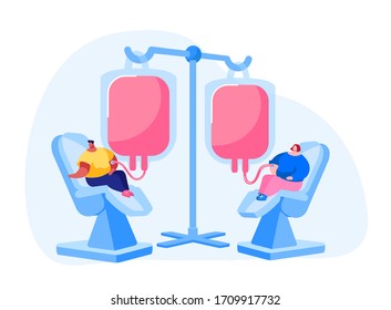 Blood Donation Concept. Characters Donate Blood for Diseased People in Hospital. Lifeblood Pouring into Plastic Container. Donors Sitting in Medical Chairs in Clinic. Cartoon Vector Illustration