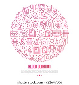 Blood donation concept in circle with thin line icons. World blood donor day. Vector illustration for web page, banner, print media.
