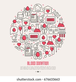 Blood donation concept in circle for web page, banner, print media with thin line icons. World blood donor day. Vector illustration.