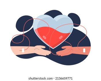 Blood donation concept. Donor hand with injection give blood to heart shaped reservoir. Saving recipient life. World blood donor day. Charity and support. Cartoon contemporary flat vector illustration