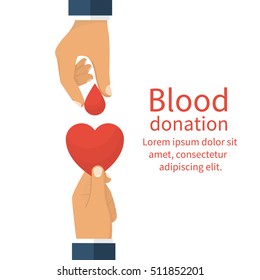 Concepto de donación de sangre. La gota de sangre coge la mano dando el corazón. Vector ilustra el diseño plano. Día del donante. Antecedentes médicos.