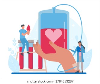 Blood Donation Concept. Give Blood And Save Life, Become Donor. Idea Of Charity And Help. Doctor With A Blood Vial. Flat Vector Illustration