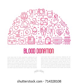 Blood donation concept in half circle with thin line icons and place for text inside. World blood donor day. Vector illustration for web page, banner, print media.