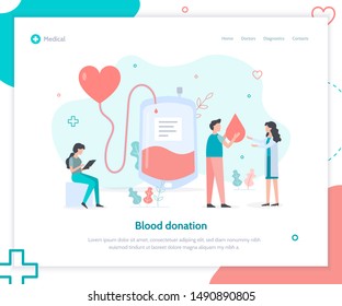 Blood Donation Concept. Landing Page Template For Blood Bank Or Hospital. Flat Vector Illustration.