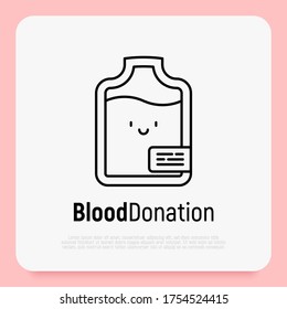 Concepto de donación de sangre: ícono de bolsa de sangre de línea delgada con cara feliz. Ilustración vectorial. 