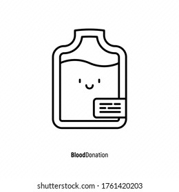 Blood donation concept: thin line blood bag icon with happy face. Vector illustration. 