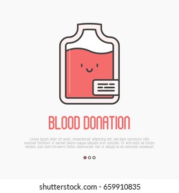 Blood donation concept: thin line blood bag icon with happy face. Vector illustration. 