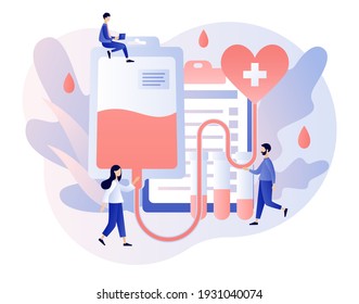 Concepto de donación de sangre. Pequeños voluntarios con enfermeras donando sangre en el hospital. Análisis o análisis de sangre. Examen clínico de laboratorio. Atención de la salud. Estilo moderno de dibujos animados planos. Ilustración del vector 