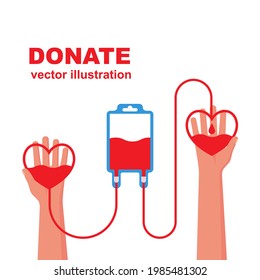 Blood donation concept. Blood transfusion with hands in hand. Vector illustrations flat design. Blood donor day. Template for web design and print.